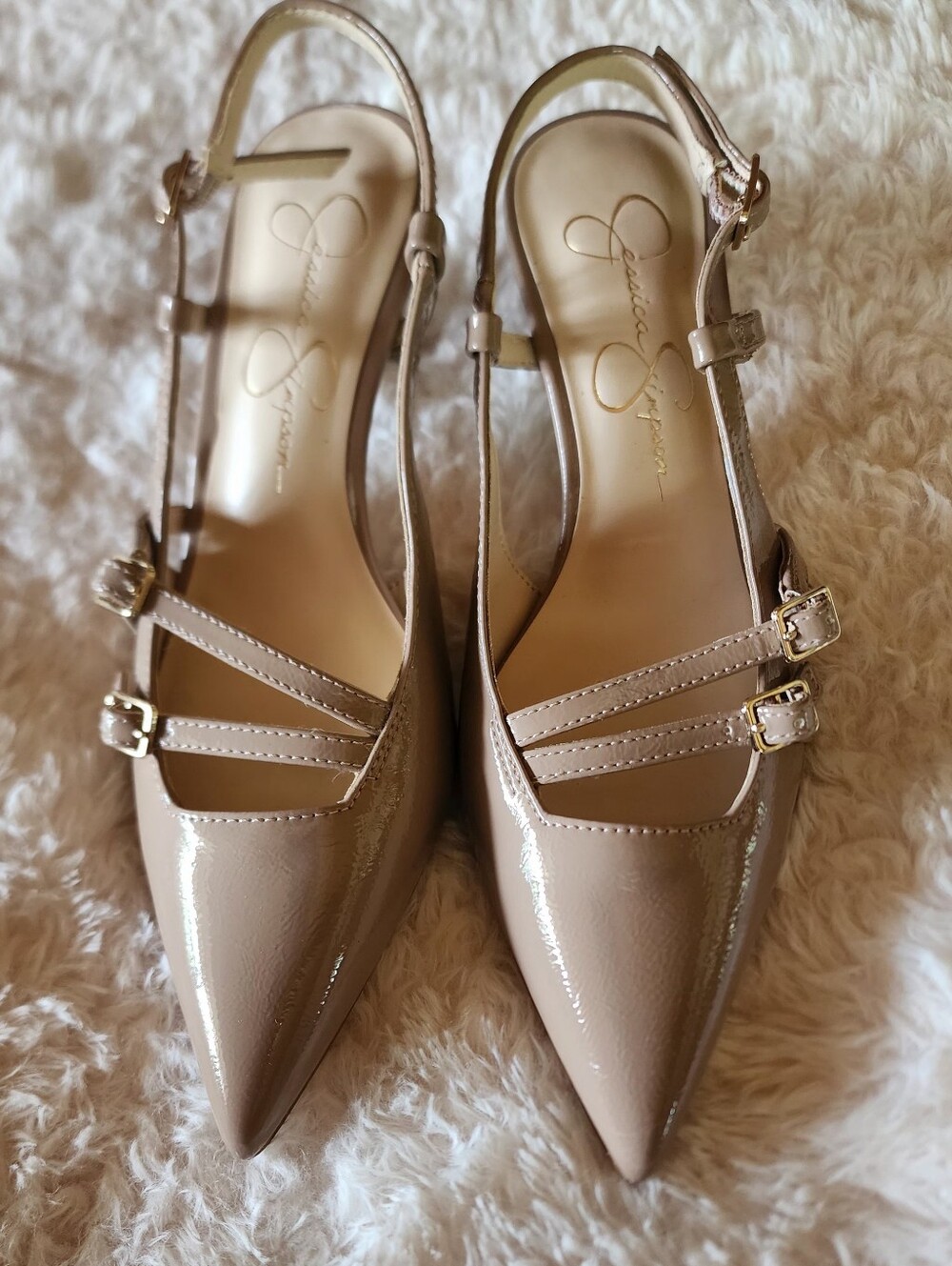 Jessica Simpson Nude Patent Pointed Slingback Flats with Double Straps